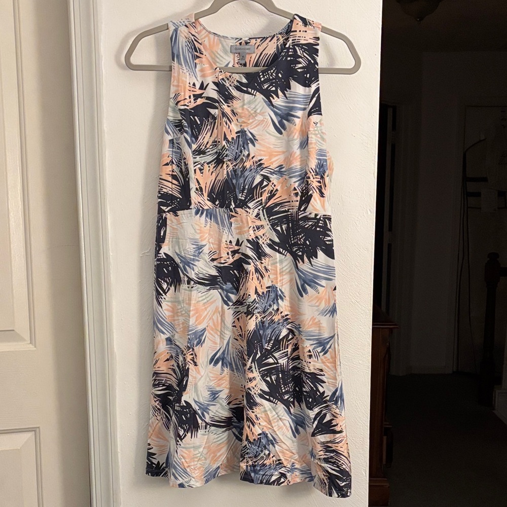 Navy and Peach Palm Print Mini Dress